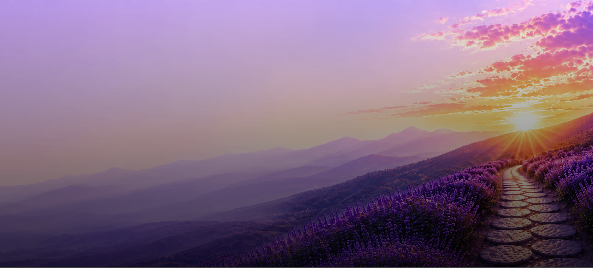 A stone pathway winding through lavender fields toward a sunrise over distant mountains