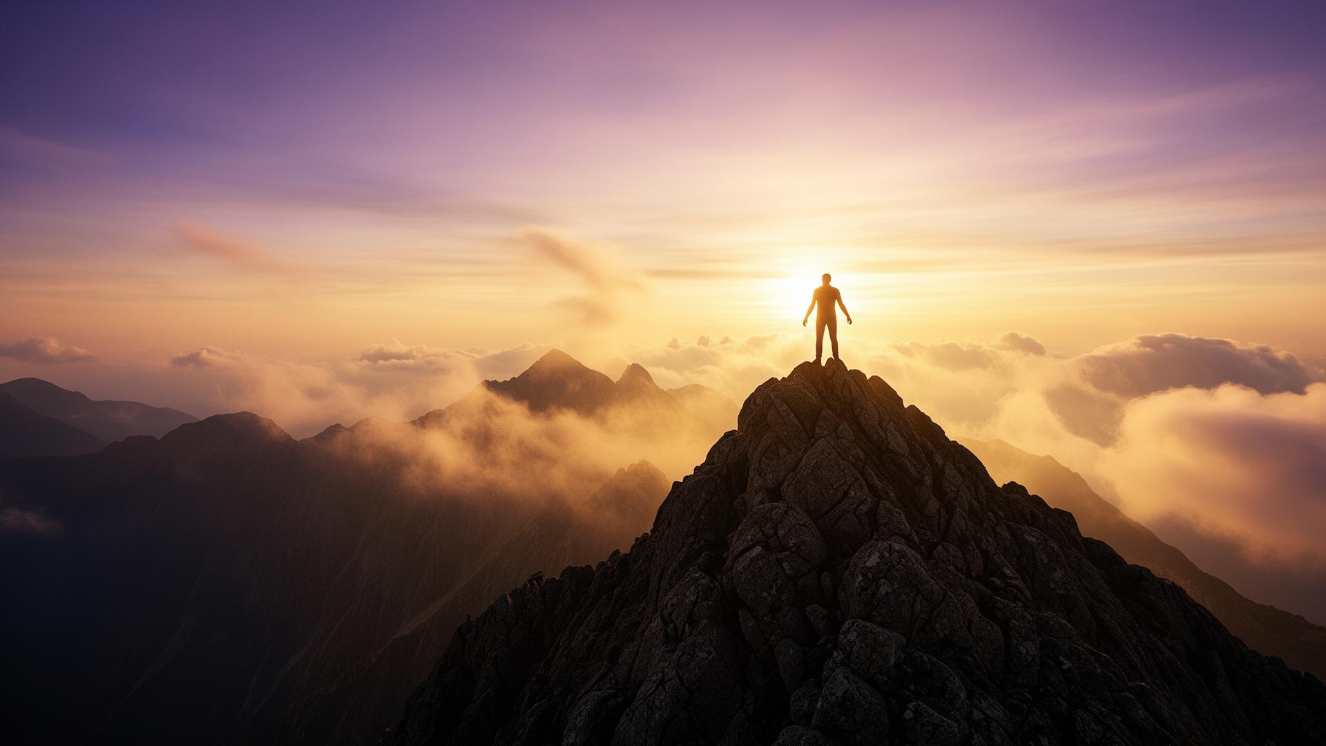 A person standing triumphantly on a mountain summit at sunrise